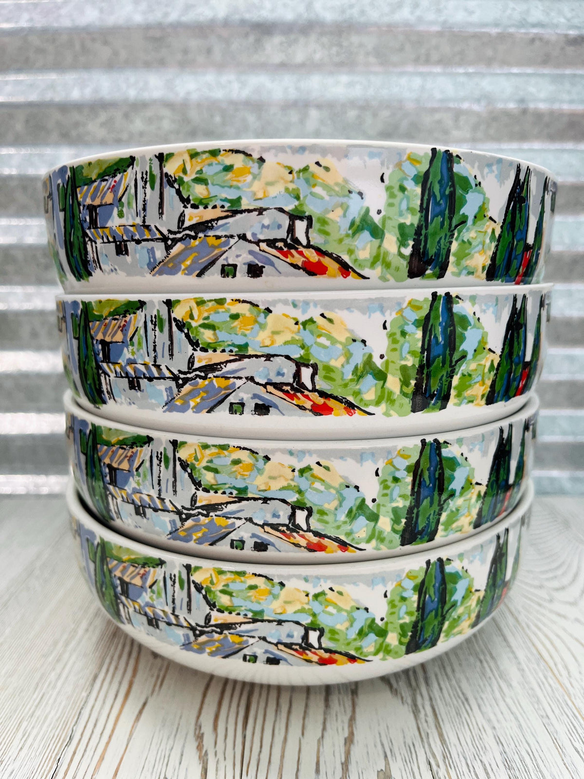 Vintage Bowls, Gustav Klimt Church in Cassone Bowls, Green Blue Landscape, Set of 4 Bowls