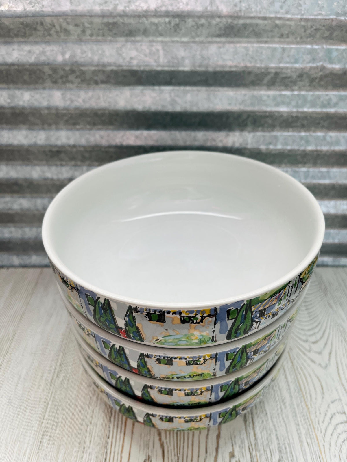 Vintage Bowls, Gustav Klimt Church in Cassone Bowls, Green Blue Landscape, Set of 4 Bowls