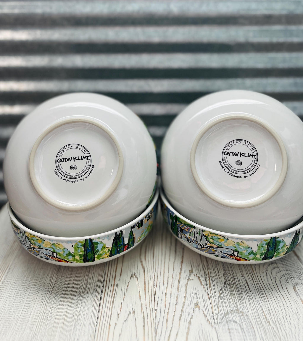 Vintage Bowls, Gustav Klimt Church in Cassone Bowls, Green Blue Landscape, Set of 4 Bowls