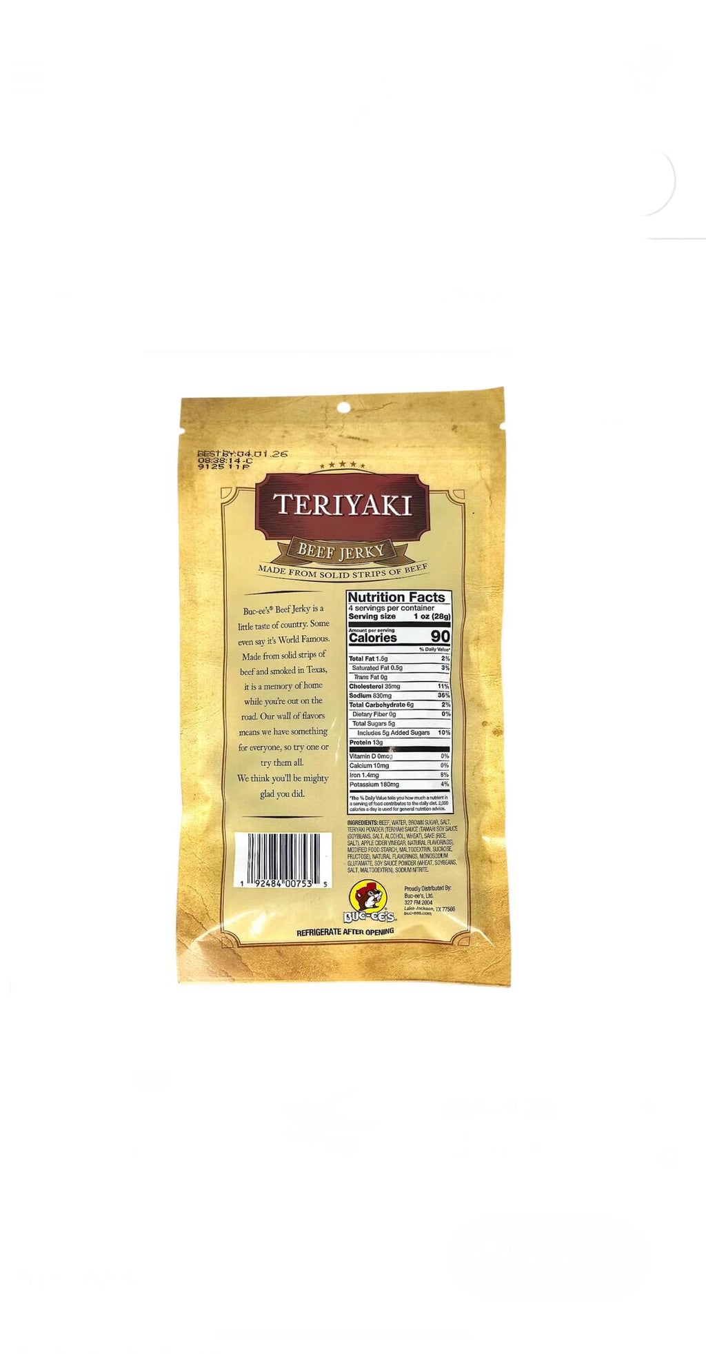 Buc-ee’s Teriyaki Beef Jerky - Resealable Bag 4oz (113g)