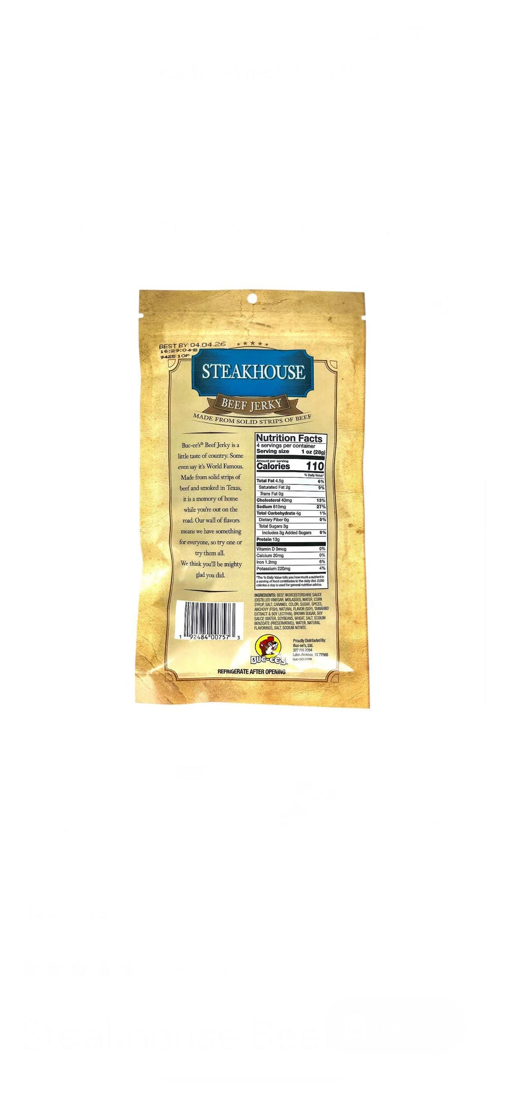Buc-ee’s Steakhouse Beef Jerky - Resealable Bag 4oz (113g)