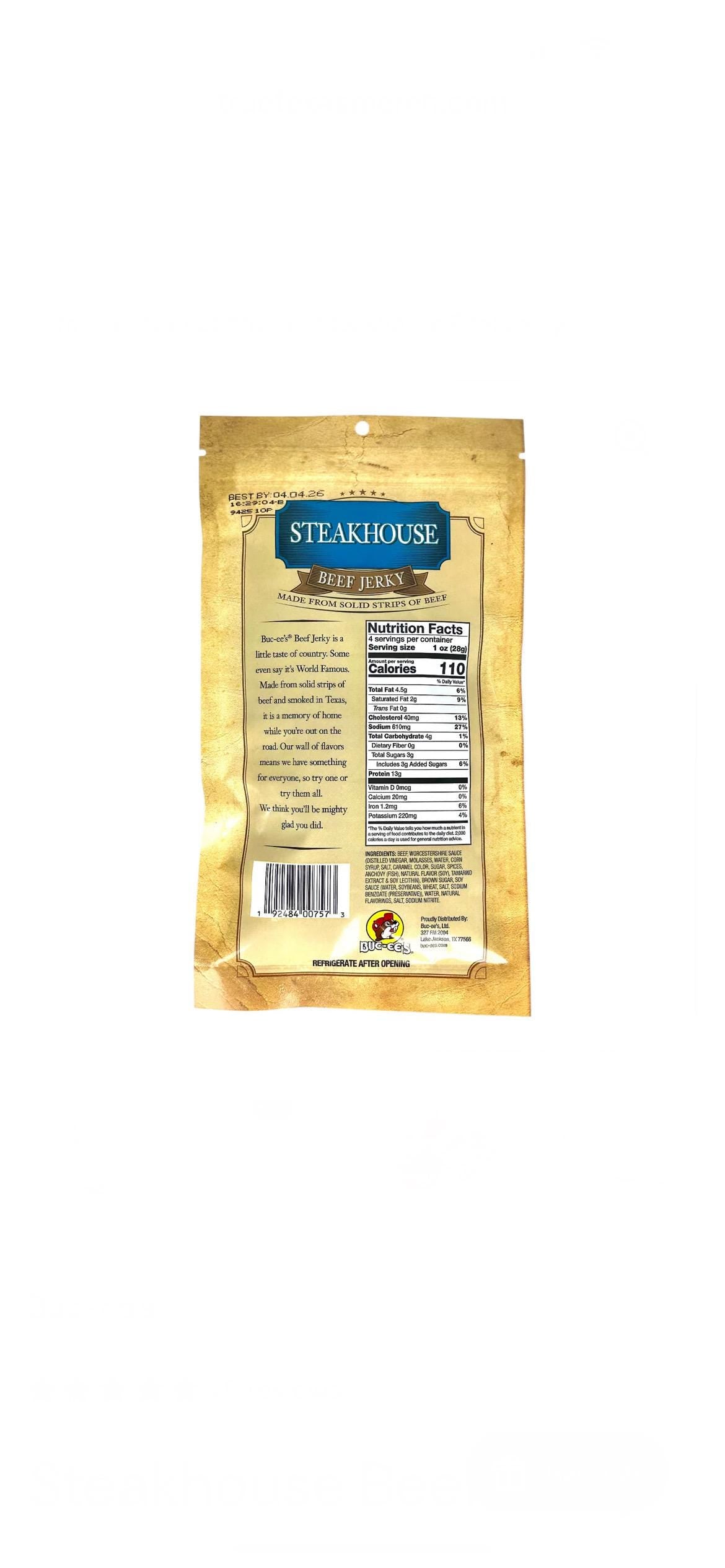 Buc-ee’s Steakhouse Beef Jerky - Resealable Bag 4oz (113g)