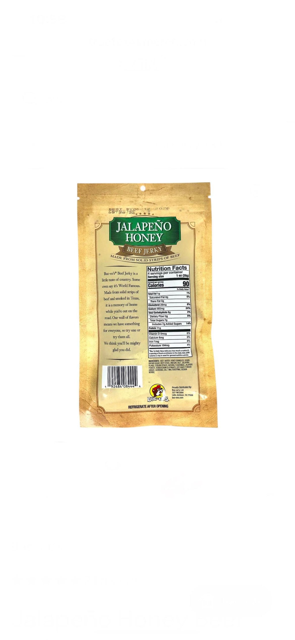 Buc-ee’s Jalapeno Honey Beef Jerky - Resealable Bag 4oz (113g)