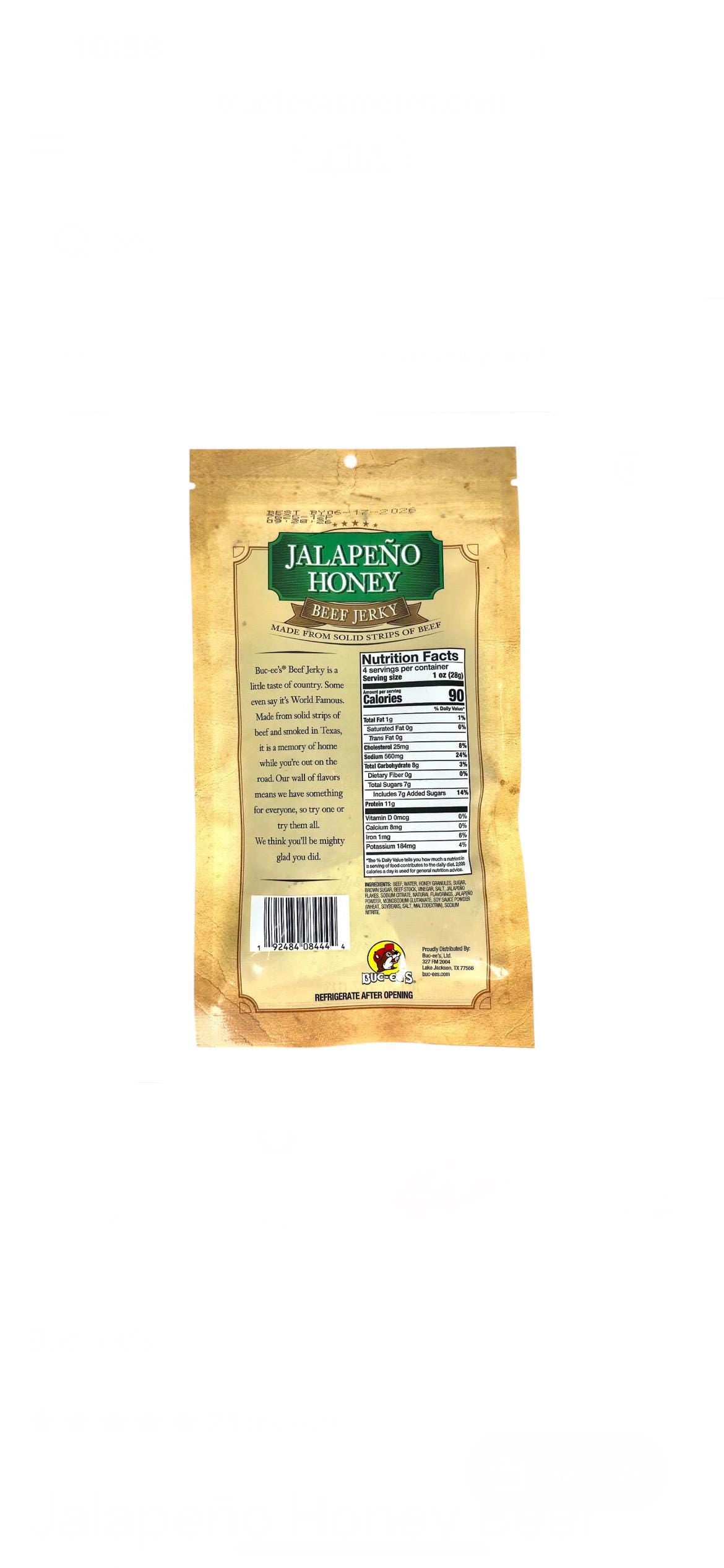 Buc-ee’s Jalapeno Honey Beef Jerky - Resealable Bag 4oz (113g)