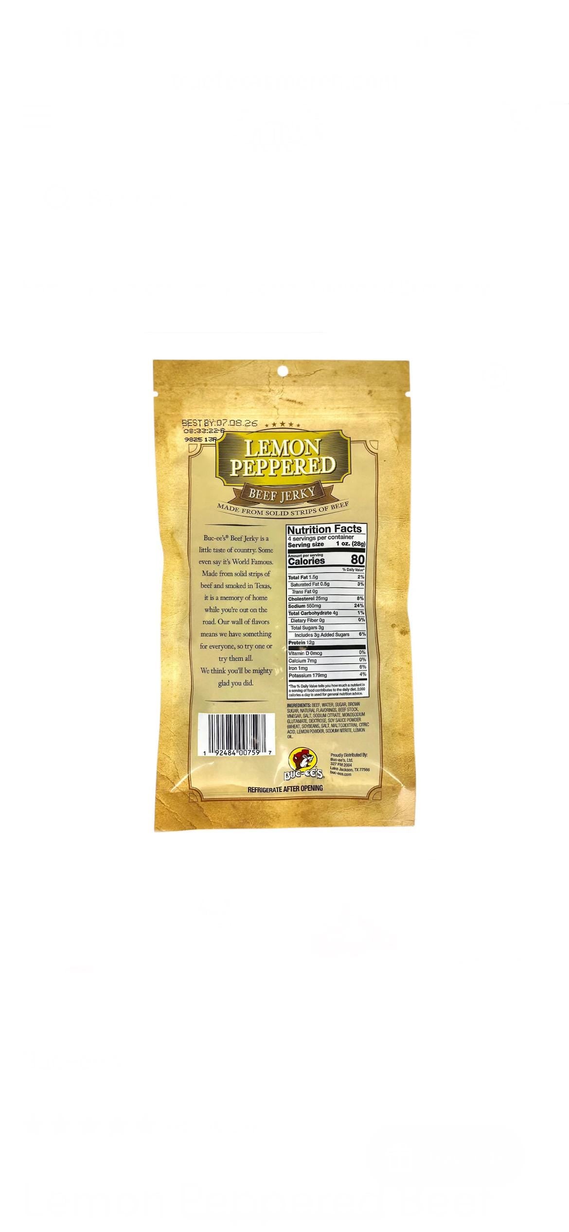 Buc-ee’s Lemon Peppered Beef Jerky - Resealable Bag 4oz (113g)