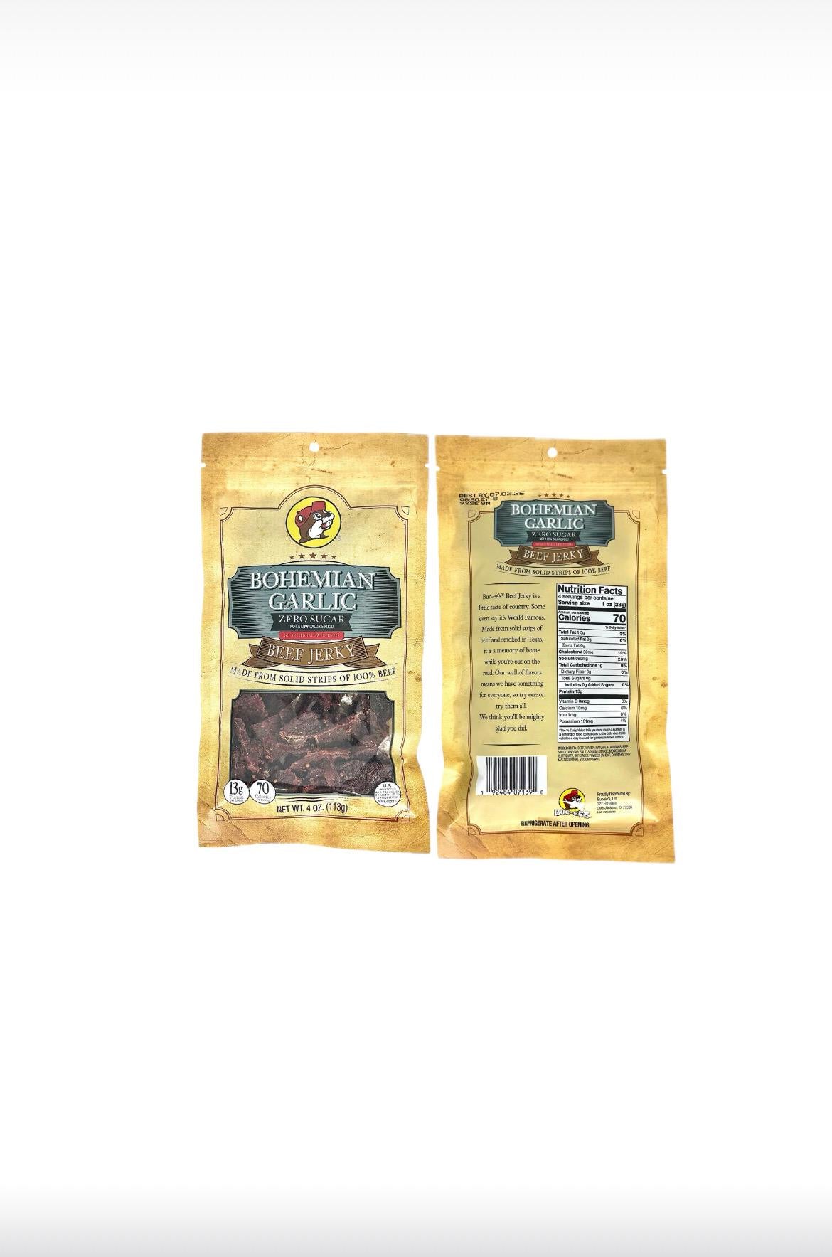 Buc-ee’s ZERO SUGAR, Bohemian Garlic Beef Jerky - Resealable Bag 4oz (113g)