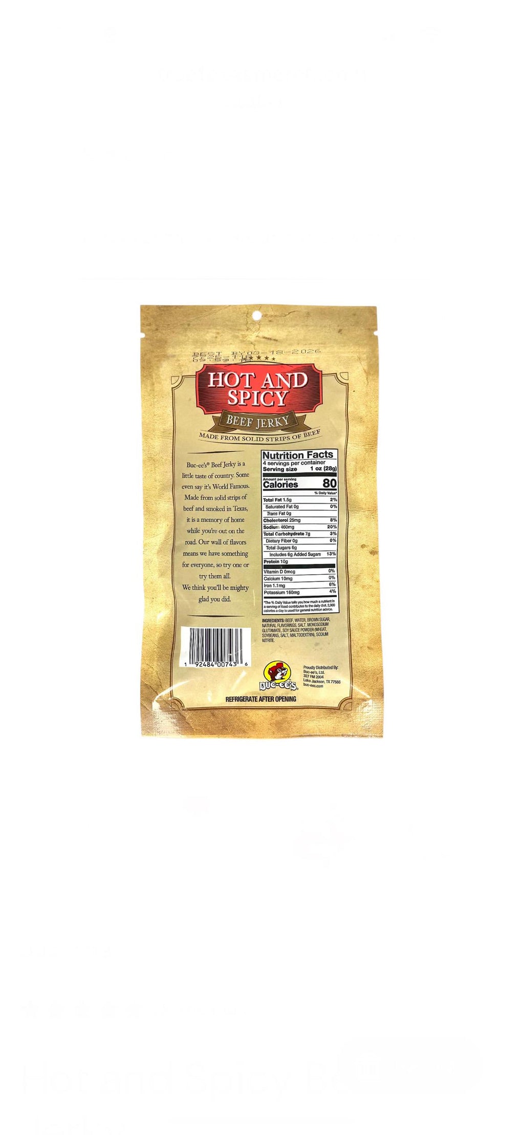Buc-ee’s Hot & Spicy Beef Jerky - Resealable Bag 4oz (113g)