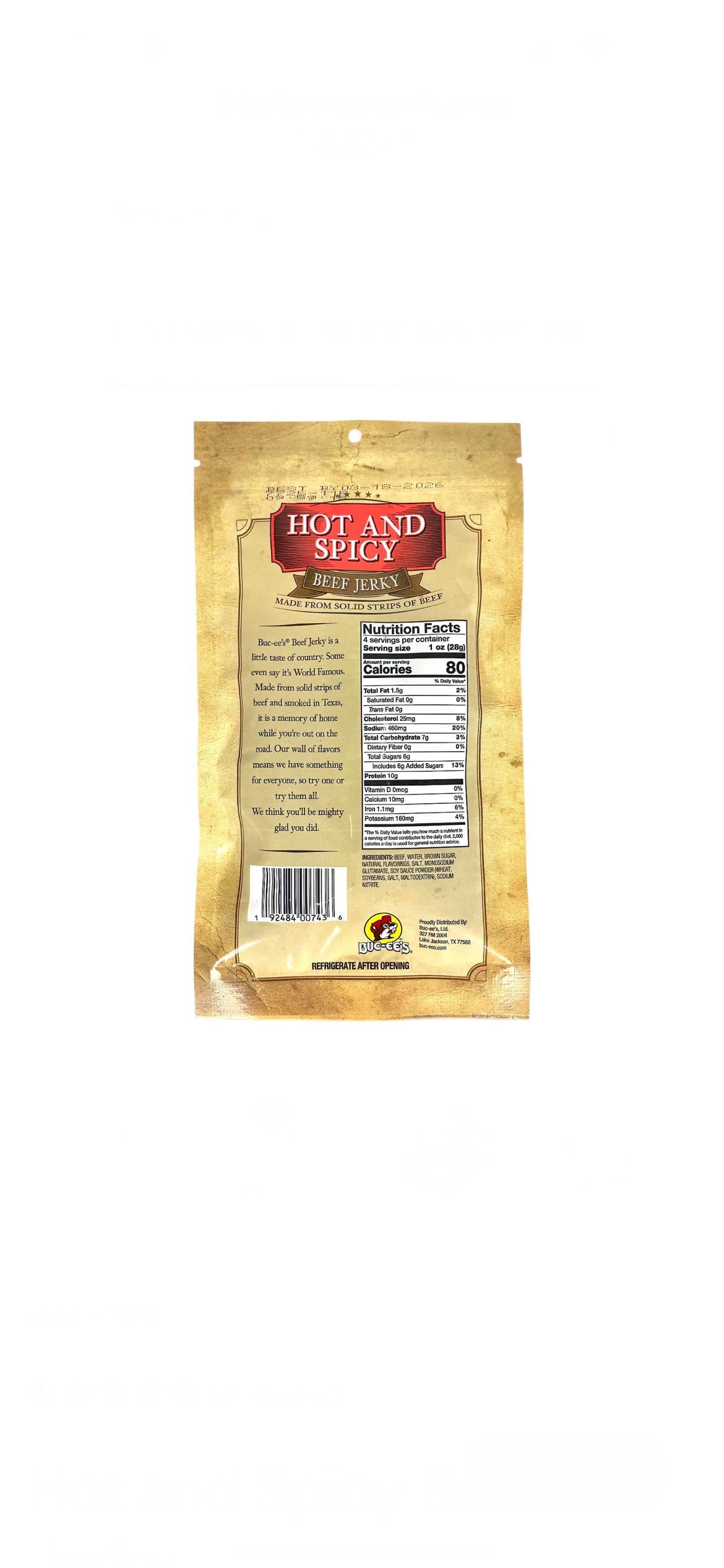 Buc-ee’s Hot & Spicy Beef Jerky - Resealable Bag 4oz (113g)