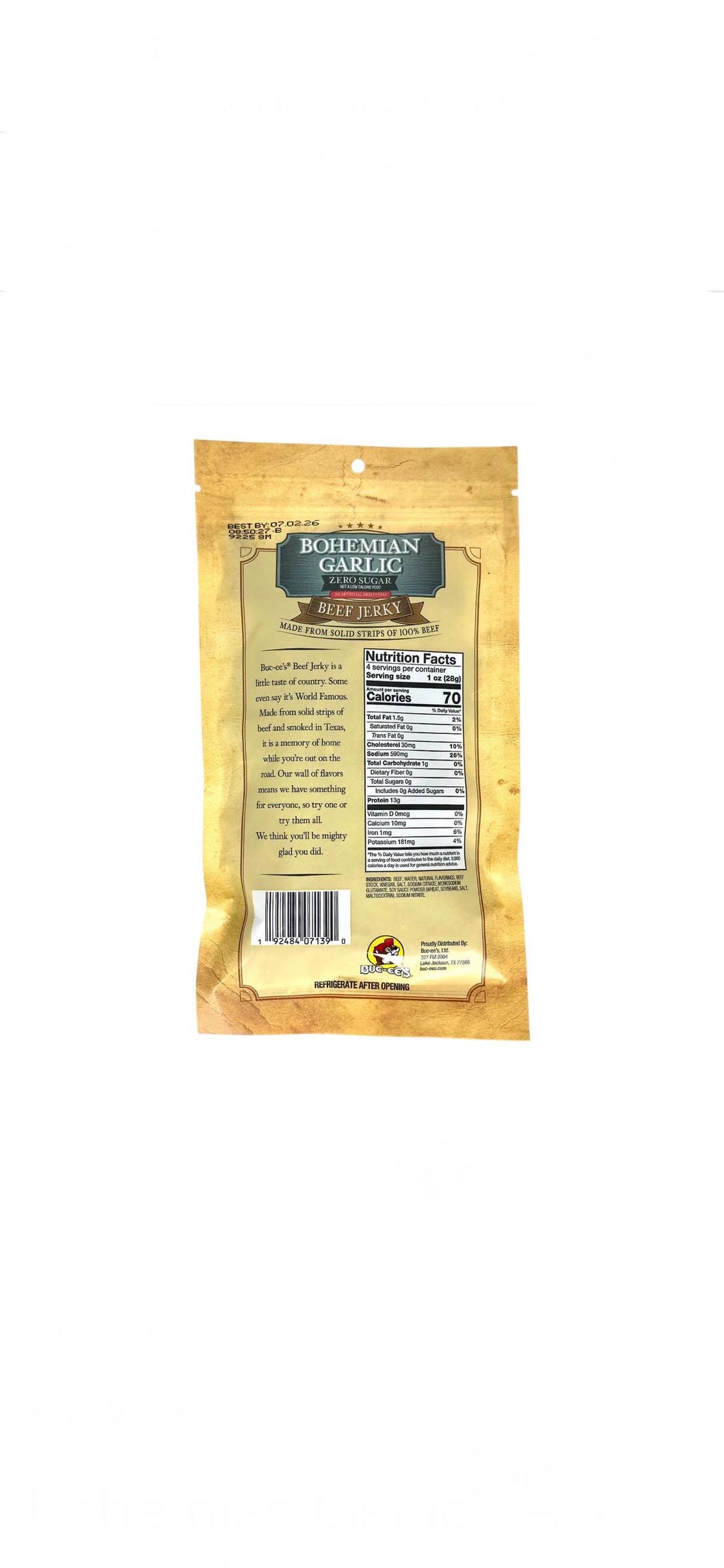 Buc-ee’s ZERO SUGAR, Bohemian Garlic Beef Jerky - Resealable Bag 4oz (113g)