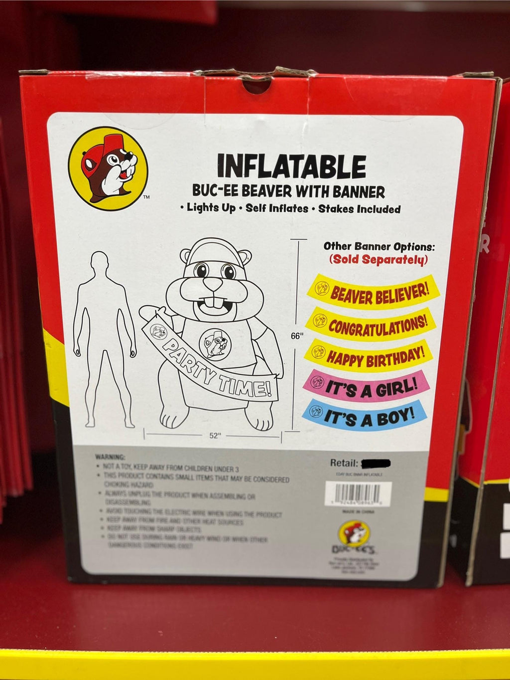 Buc-ee's Party Time Inflatable, Large 5.5FTX4.3FT Outdoor/ Indoor Decoration, Kids Birthday Party, Photo Prop, Banners Sold Separate 66”X52”