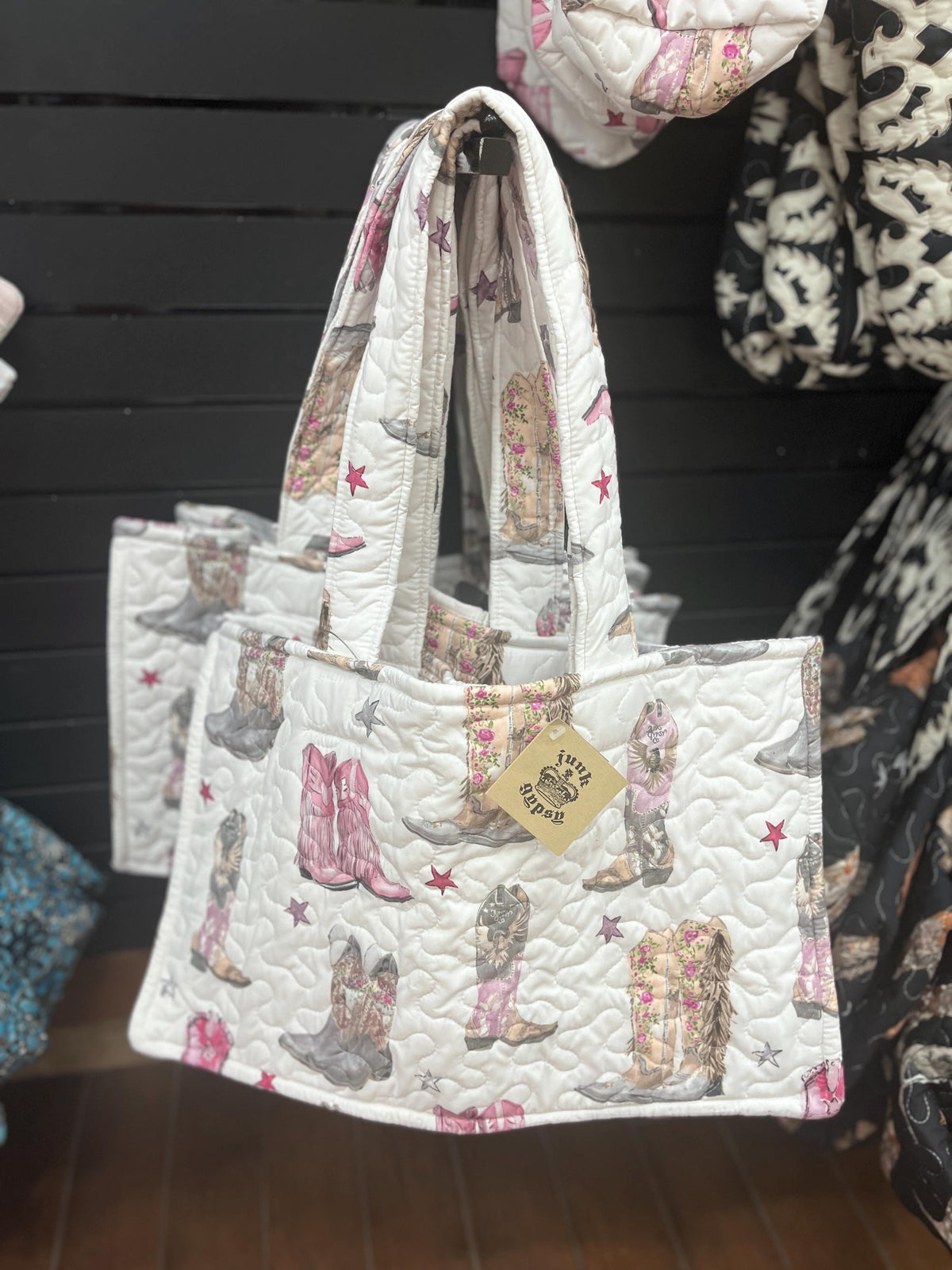 Buc-ee's Quilted Western Boot Bag, Pink Cowgirl Boots Print