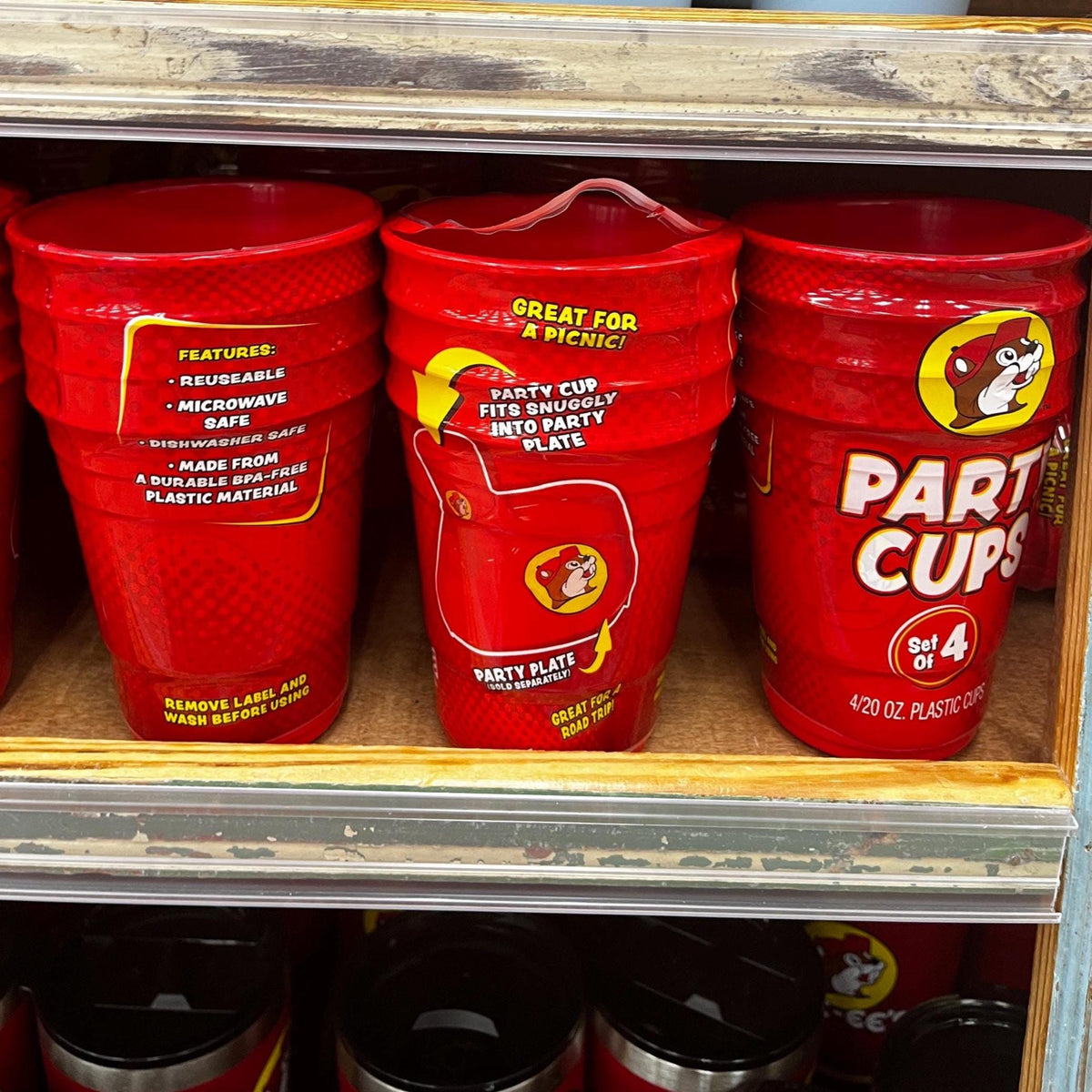 Buc-ee's Cups, Party Cups, Pack of 4, 20oz Stackable Cups, Red Plastic Cups, Durable, Dishwasher and Microwave Safe