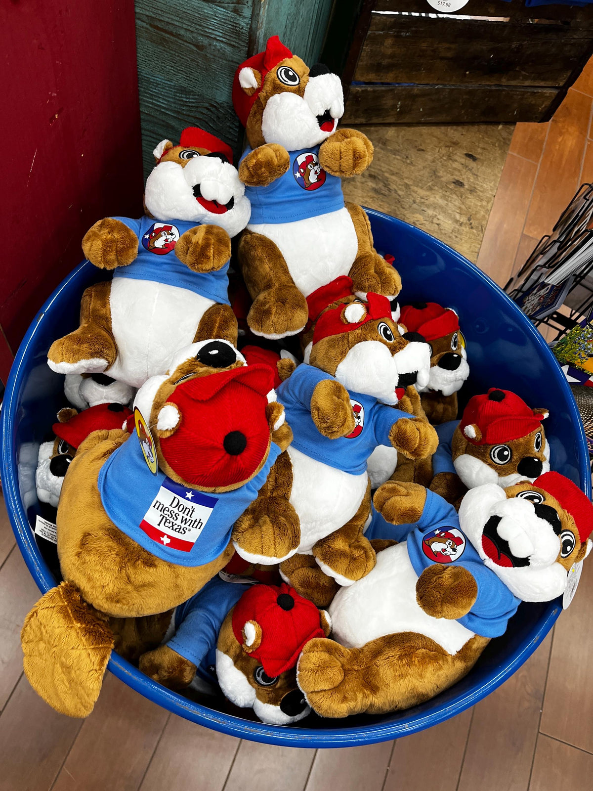 Buc-ees Plush, Stuffed Animal, Blue Tshirt reads “Don’t Mess With Texas”, Texas Flag Tshirt, Birthday Gift, Valentines Gift, Collectible 12"