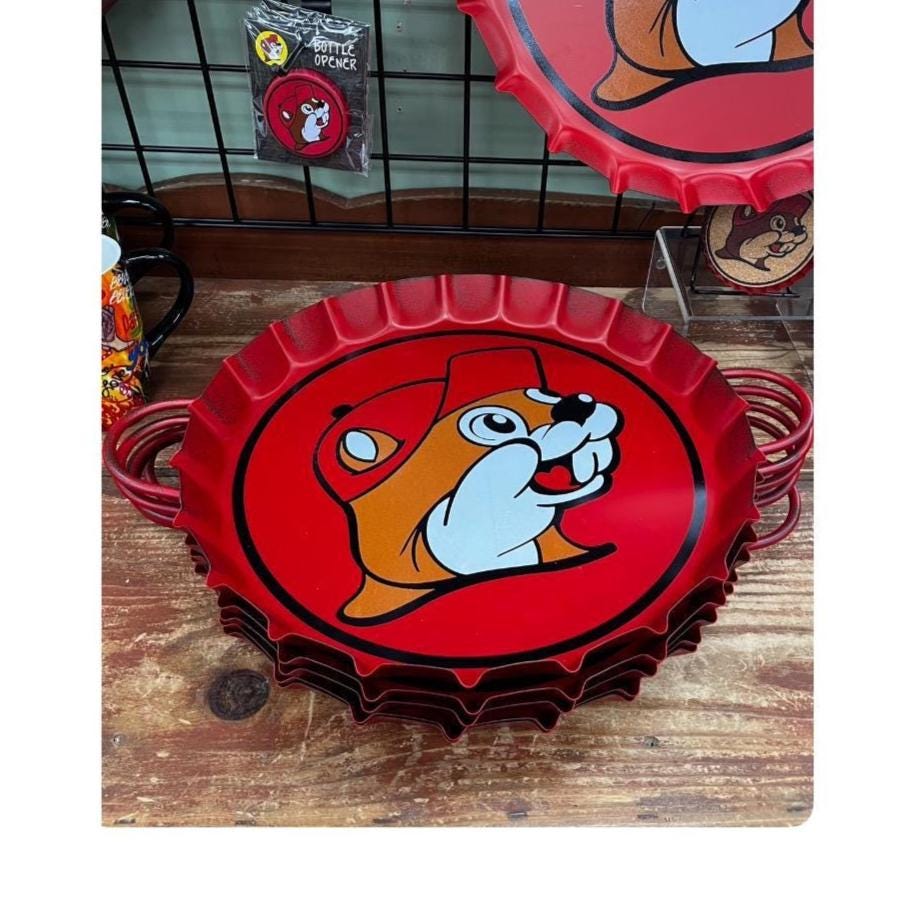 Buc-ee’s Metal Bottle Cap Tray, Red with Handles & Hook, Serve Drinks/ Snacks, Food Display or Wall Decor, Christmas Gift, Holiday Gift, 16”