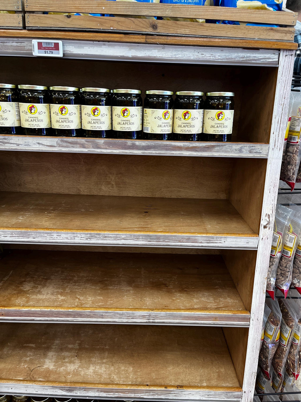 Buc-ees Pickled Habanero Garlic (back IN STOCK, won’t last long!!), Okra, Green Beans, Asparagus, Beets, Spicy Sprouts, Candied Jalapeños