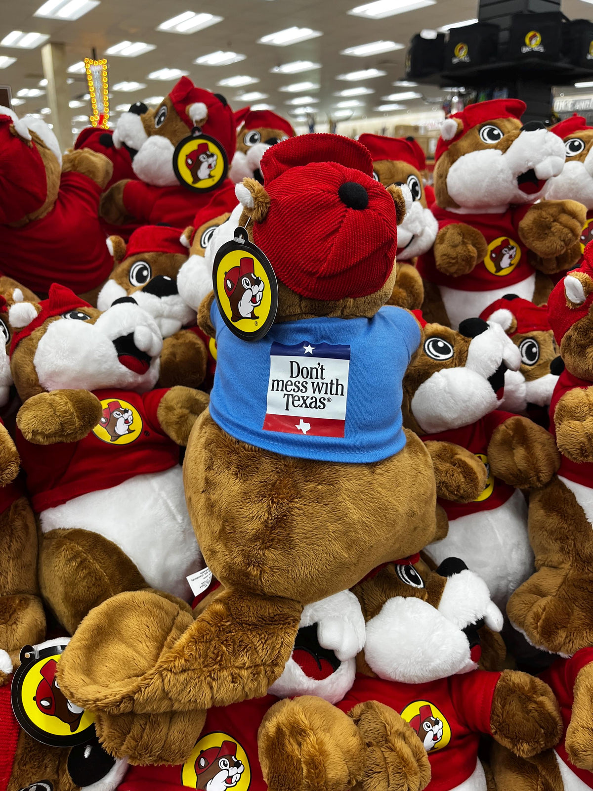 Buc-ees Plush, Stuffed Animal, Blue Tshirt reads “Don’t Mess With Texas”, Texas Flag Tshirt, Birthday Gift, Valentines Gift, Collectible 12"