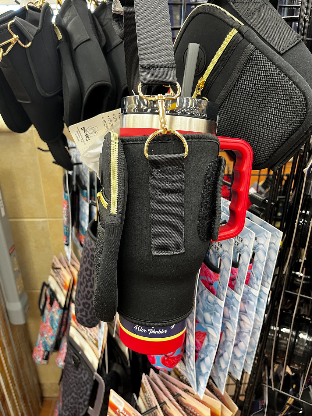 Buc-ee’s Crossbody Tumbler Bag, Black with Gold, Straw Stopper, 3 card wallet, Lipstick pocket, adjustable strap, Holds 40oz Cup with Handle