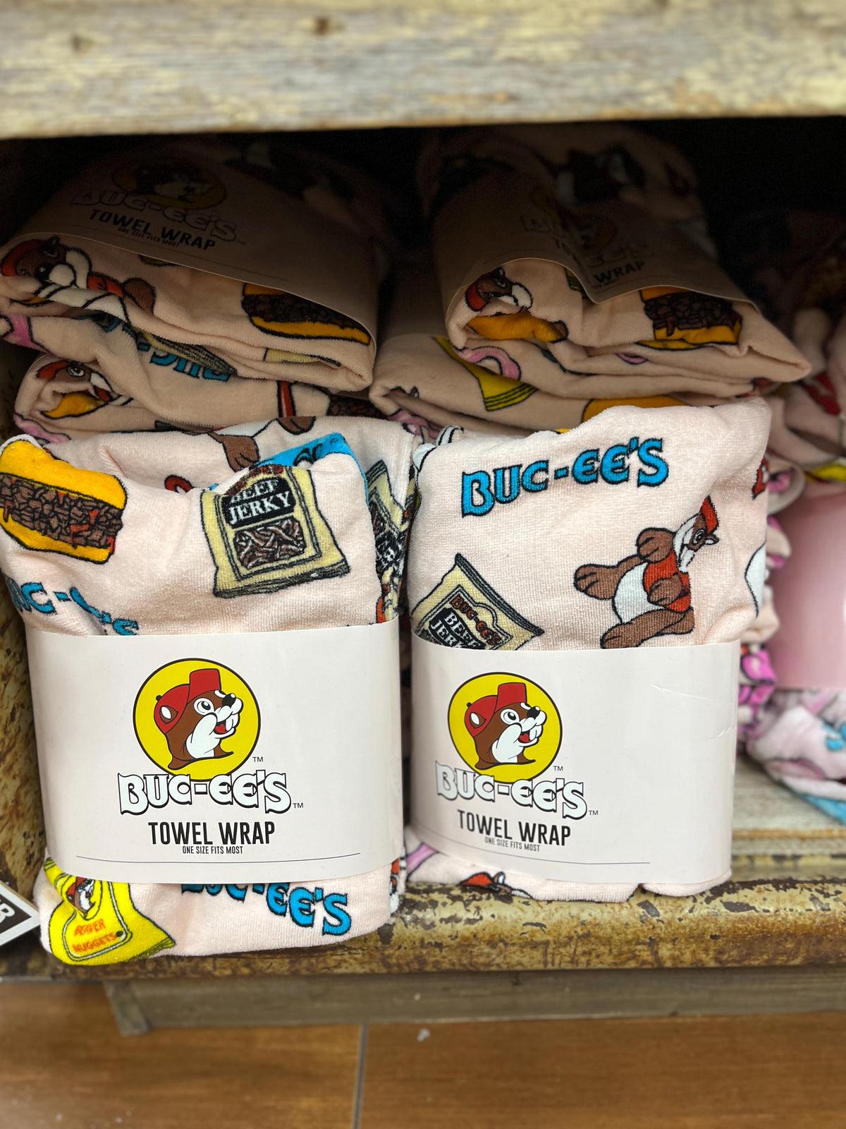 Buc-ee's Pink Snacks Towel Wrap, Adjustable Velcro, Valentines Gift, Birthday Gift, Mothers Day Gift, Gift for her, Gift for Teen, One Size