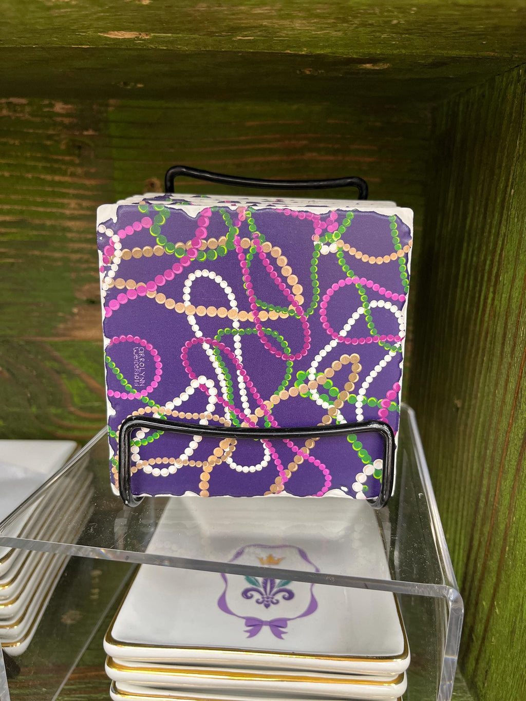 Mardi Gras Coasters, 2 Vibrant Mardi Gras Designs, Sold at Bucees, Absorbent Stone, Tumbled Tile with Cork Backing to protect your furniture