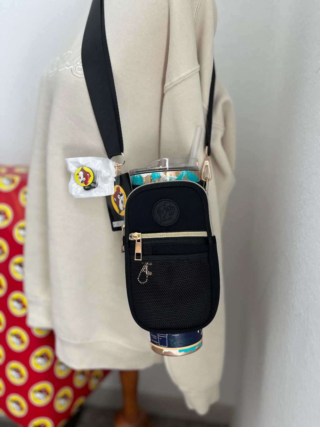 Buc-ee’s Crossbody Tumbler Bag, Black with Gold, Straw Stopper, 3 card wallet, Lipstick pocket, adjustable strap, Holds 40oz Cup with Handle
