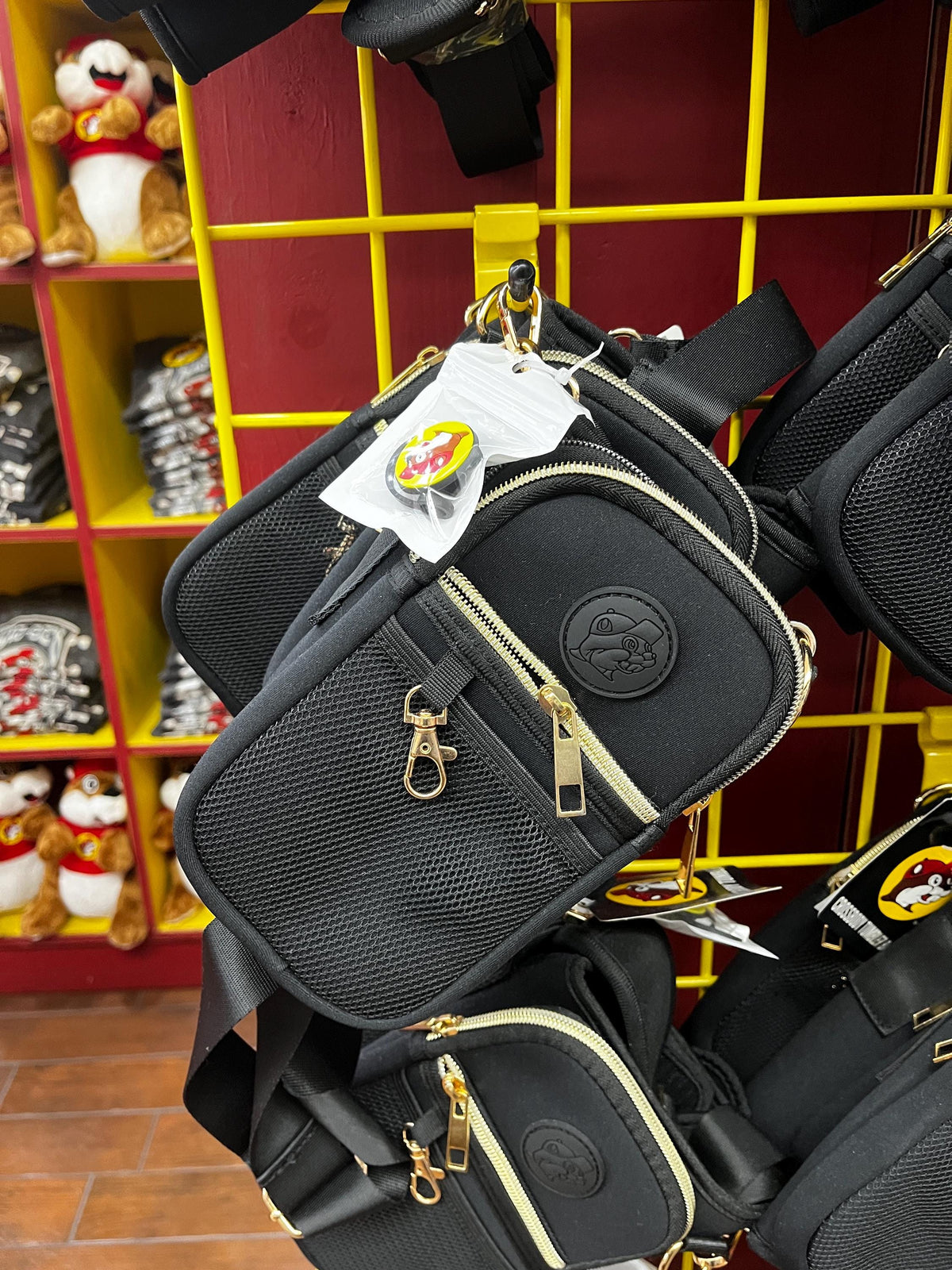 Buc-ee’s Crossbody Tumbler Bag, Black with Gold, Straw Stopper, 3 card wallet, Lipstick pocket, adjustable strap, Holds 40oz Cup with Handle