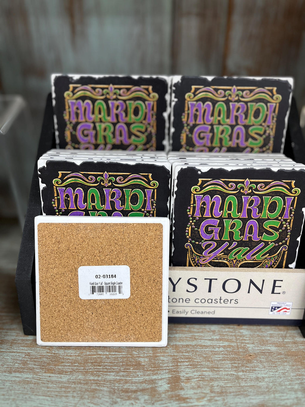 Mardi Gras Coasters, 2 Vibrant Mardi Gras Designs, Sold at Bucees, Absorbent Stone, Tumbled Tile with Cork Backing to protect your furniture