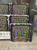 Mardi Gras Coasters, 2 Vibrant Mardi Gras Designs, Sold at Bucees, Absorbent Stone, Tumbled Tile with Cork Backing to protect your furniture