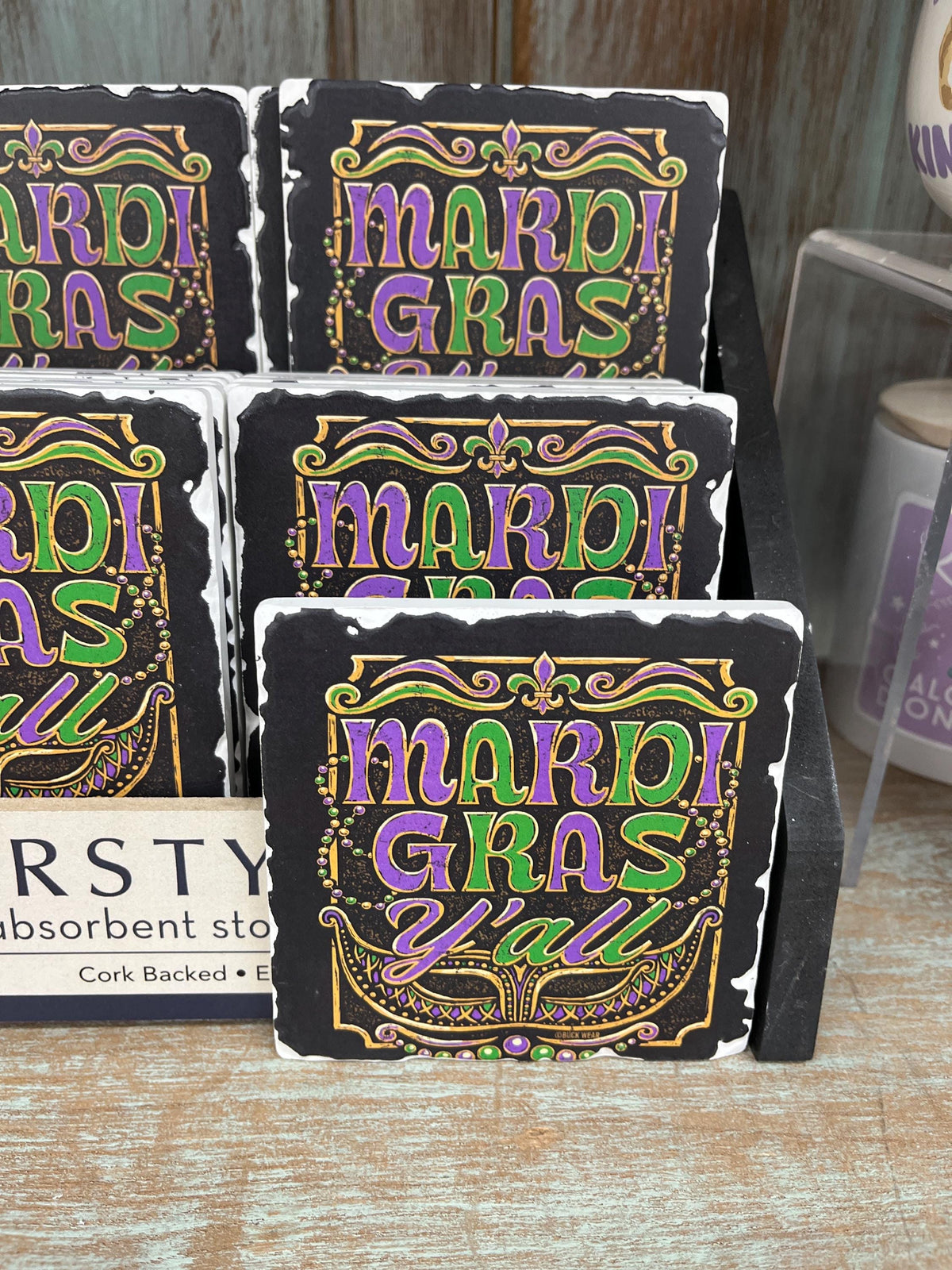 Mardi Gras Coasters, 2 Vibrant Mardi Gras Designs, Sold at Bucees, Absorbent Stone, Tumbled Tile with Cork Backing to protect your furniture